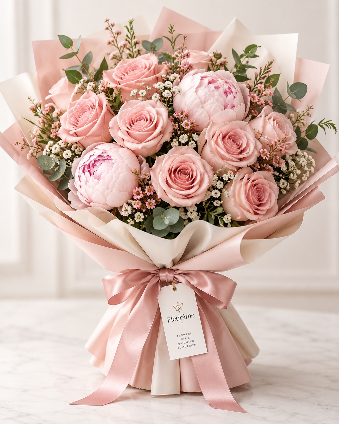 Blush pink rose and peony bouquet with eucalyptus
