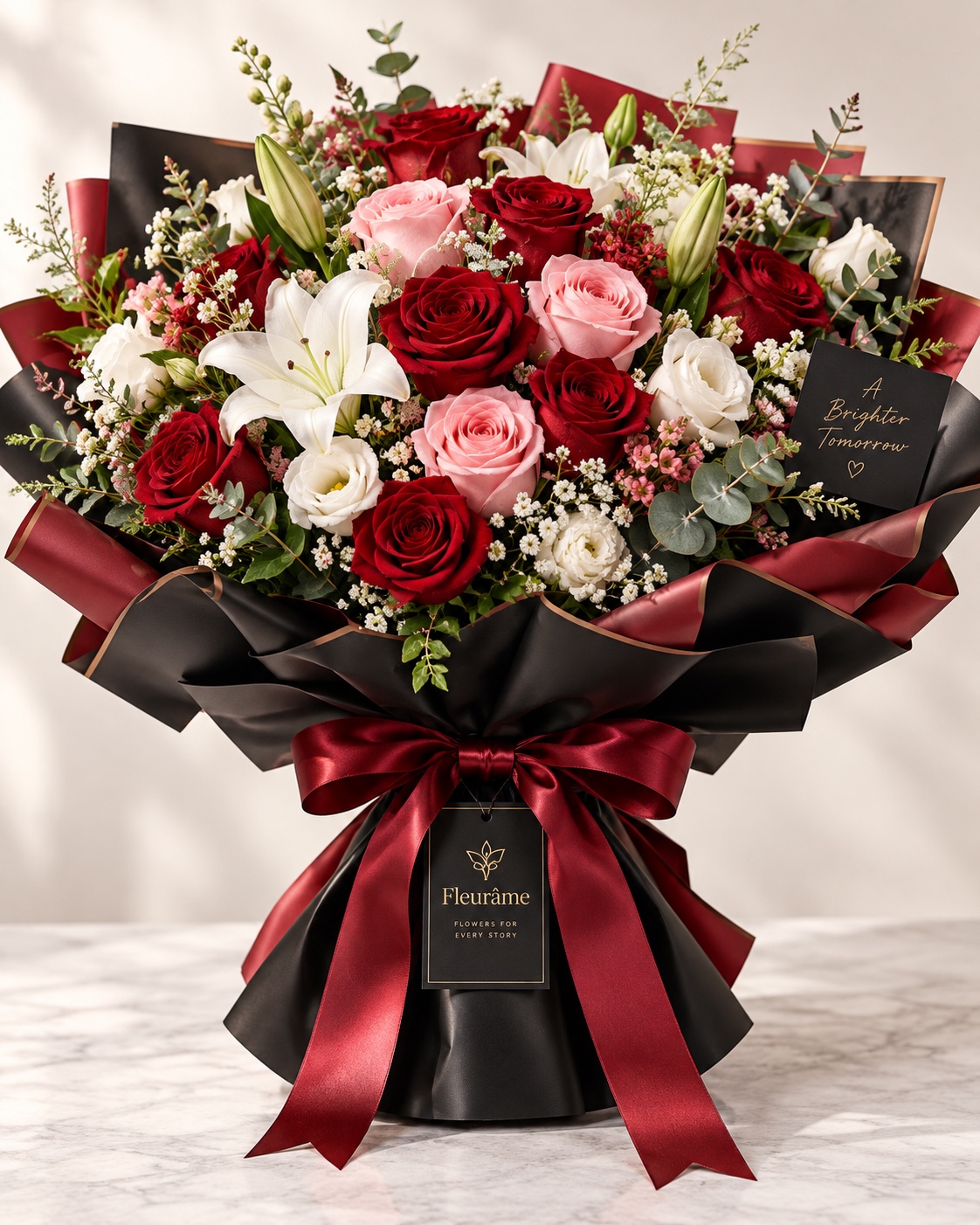 A grand bouquet of red, blush and white flowers