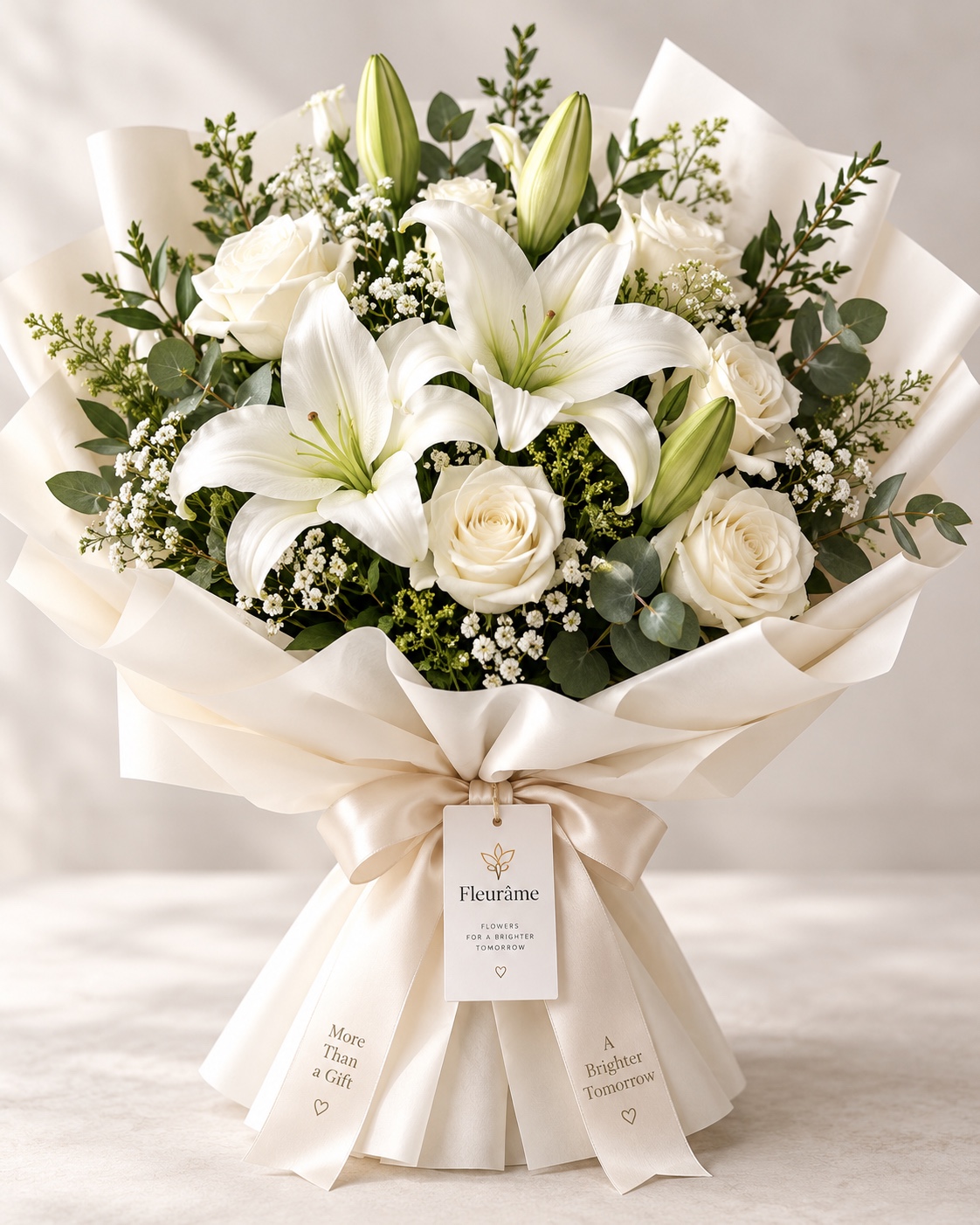 Elegant white lily and ivory rose bouquet wrapped in cream paper