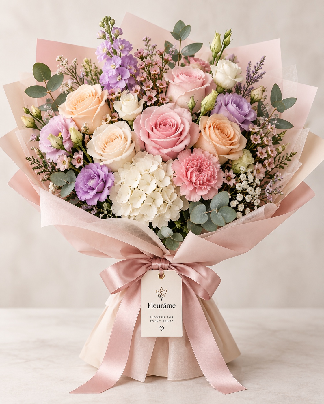 Pastel pink, peach and lavender flower bouquet wrapped in blush paper