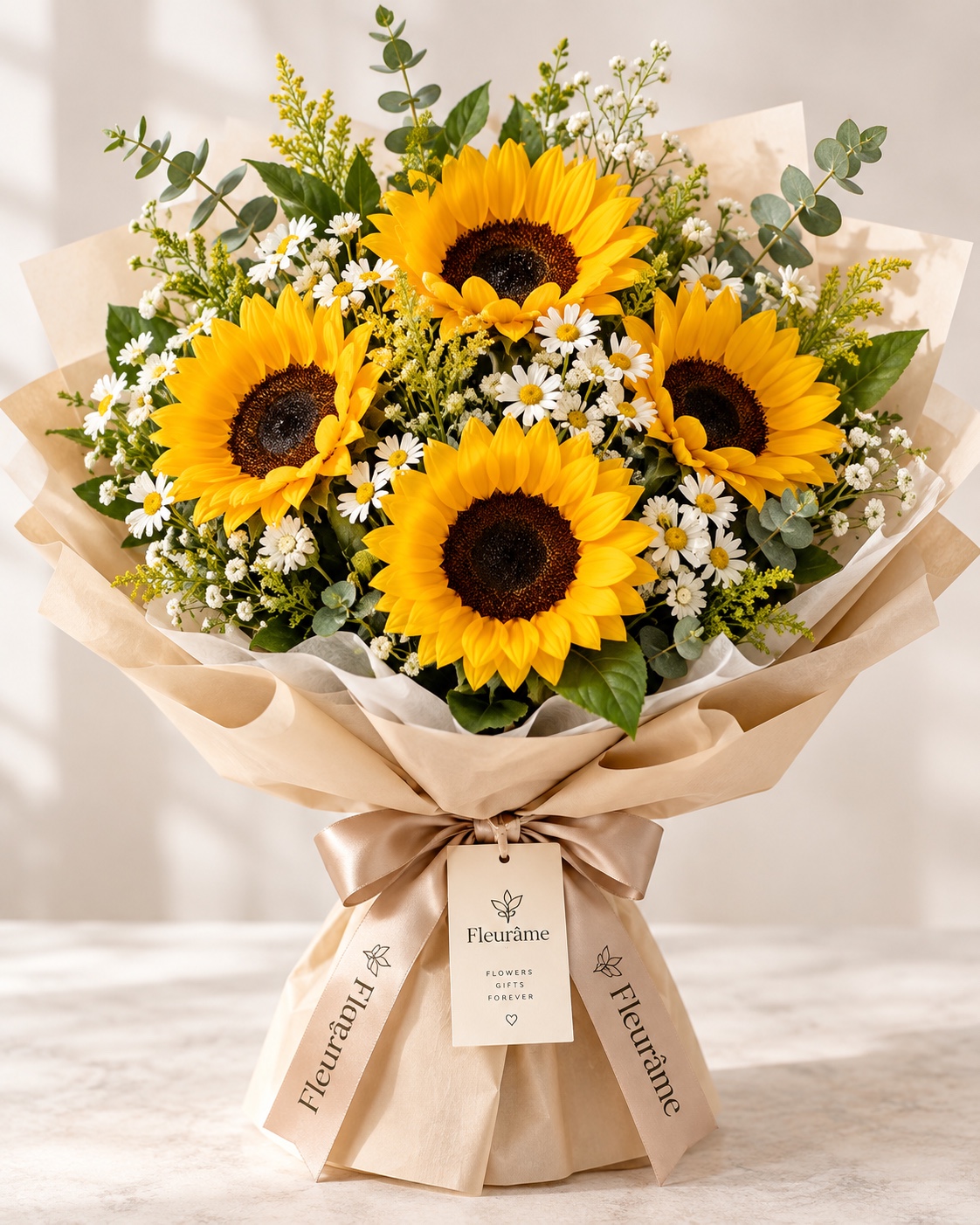 Bright sunflower bouquet with small white daisies and greenery